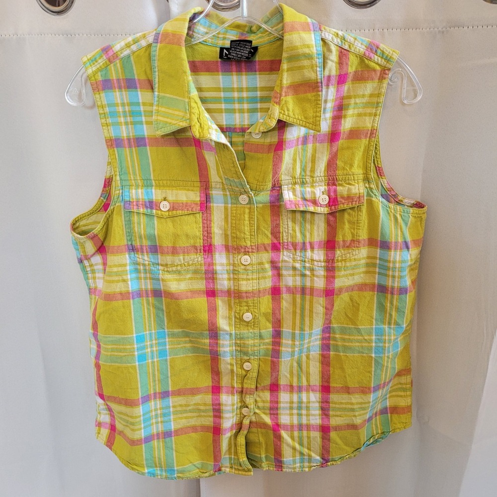 Western Womens Button Up Top Large Plaid Pocket Preppy Colorful Vacation 21762